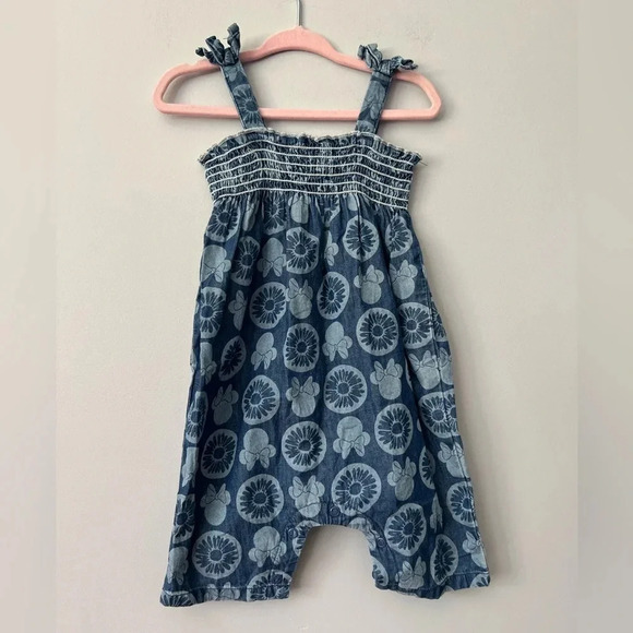 Disney Baby Minnie Mouse Romper | Chambray Smocked | 6-9M - Picture 1 of 5